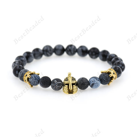 Warrior Helmet Beaded Natural Snowflake Obsidian Gemstone Bracelet - BestBeaded