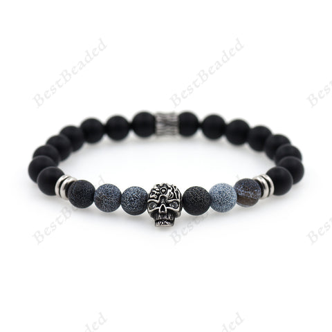 Carved Skull & Black Onyx Bracelet Gift for Men's - BestBeaded