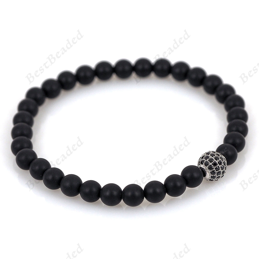 Black Onyx Beads & Round Ball Beaded Bracelets 6mm Silver