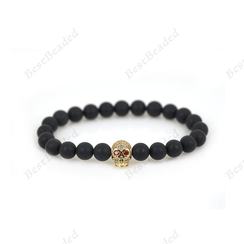 8mm Black Gemstone & Skull Head Beaded Bracelets - BestBeaded