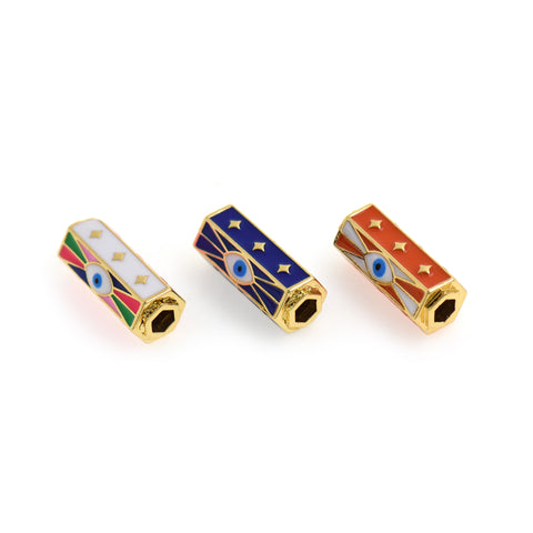 Enamel Hexagon Evil Eye Tube Spacer Beads for Minimalist Jewelry Making 21x10mm