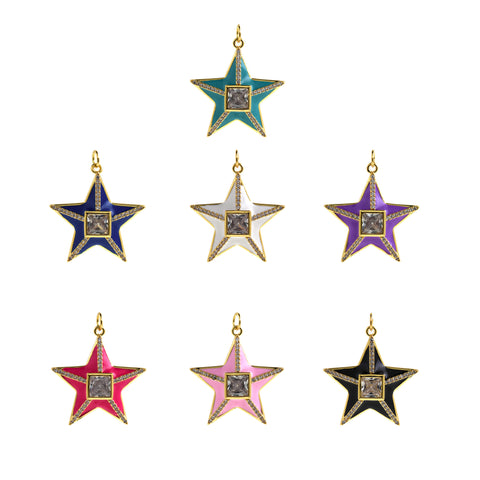 18K Gold Filled Enamel Star Pendant-CZ Micropavé Pendant-Shiny Enamel Star  28.5x27mm